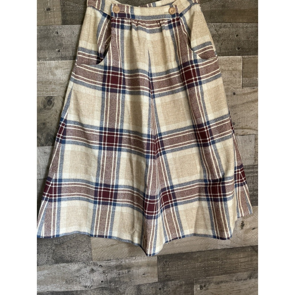 Vtg Union Made Wool Skirt Size 5 6 Tan & Blue Plaid Preppy Midi Knee School Girl - Picture 3 of 6